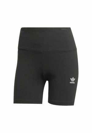 Melni riboti velosipēdu šorti ar augstu jostasvietu un baltu Adidas logo uz kreisā augšstilba. Izgatavoti no elastīga materiāla, kas nodrošina komfortu.