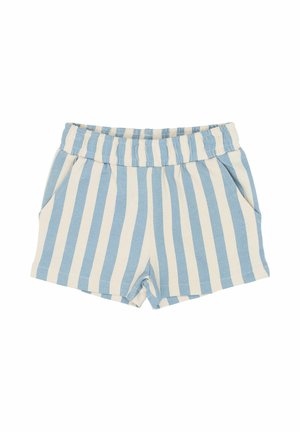 Pruhované šortky v svetlomodrej a bielej farbe, s elastickým pásom a bočnými vreckami, vyrobené z mäkkej, priedušnej tkaniny.