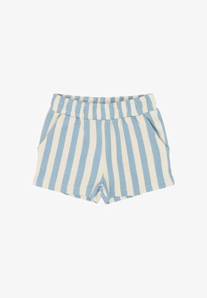 Stribede shorts i lyseblå og hvid, med elastisk taljebånd og sidelommer, lavet af et blødt, åndbart stof.