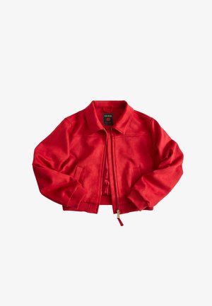 Red cropped jacket with collar, front zipper, ribbed cuffs, and two side pockets, laid flat with partially open zipper.