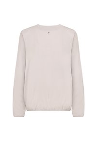 Long-sleeve light beige crewneck sweatshirt with elastic hem and cuffs, viewed from the back on a white background.