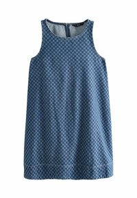 Ärmlös A-linjeformad klänning i mörkblå denim, med ett rutigt mönster, rundad halsringning och dragkedja bak.