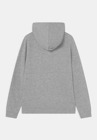 Jednoduchá svetle šedá mikina s dlouhými rukávy, žebrovanými manžetami a lemem a s kapucí, zobrazená zezadu na bílém pozadí.