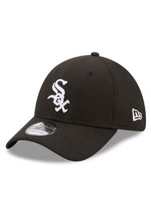 Fitted black baseball cap with textured fabric, white embroidered logo, curved visor, and logo sticker on the brim.