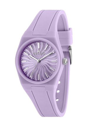 Orologio con cinturino viola in silicone e quadrante con motivo a vortice testurizzato, indicatori delle ore e lancette argentati, e logo Morellato.