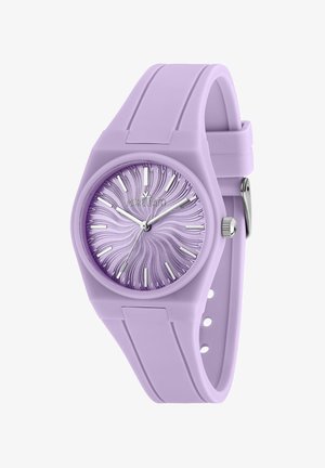Orologio con cinturino viola in silicone e quadrante con motivo a vortice testurizzato, indicatori delle ore e lancette argentati, e logo Morellato.