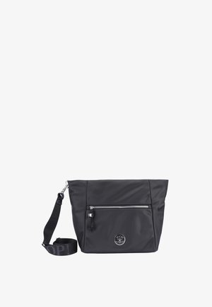 Schwarze Nylon-Schultertasche mit großer, mit Reißverschluss versehenem Vorderfach, silberner Hardware und einem abnehmbaren Trageriemen mit dem Markennamen.