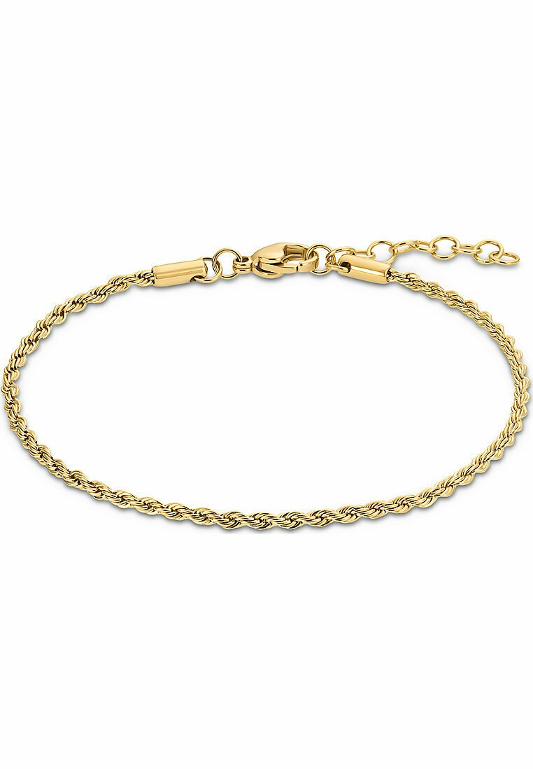 Guldpläterat snoddkedjearmband med kräfta för stängning och justerbar kedjeförlängning för storleksanpassning. Slät textur, lätt design.