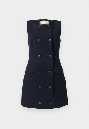 Navy blue sleeveless dress with a fitted silhouette, double-breasted design, six black buttons, and two side pockets. Plain texture.
