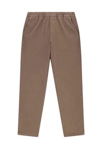 Bruine, elastische broek met zijzakken. Rechte snit met een soepele textuur. Geschikt voor casual kleding. Katoenen stof.