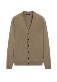 Brauner Wollcardigan mit V-Ausschnitt, schwarzen Knöpfen auf der Vorderseite und rippenförmigen Bündchen. Angenehme Textur und lockere Passform.