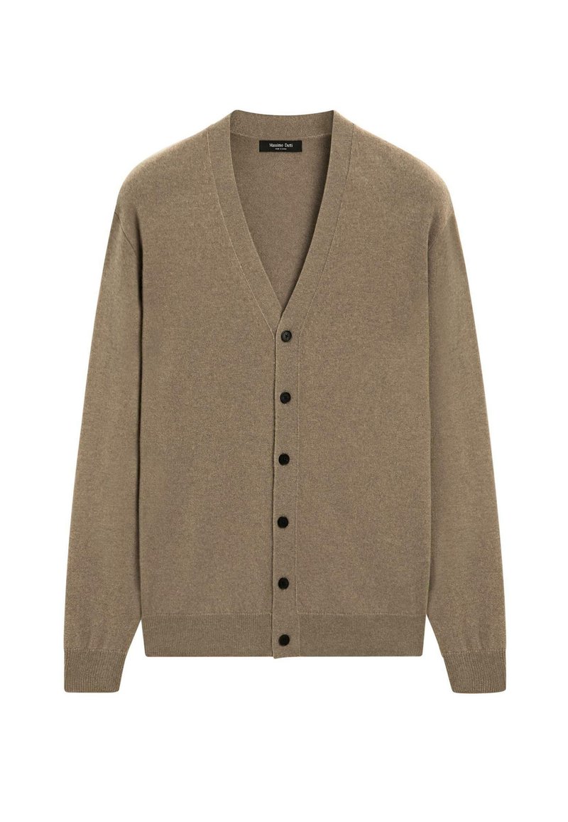 Brauner Wollcardigan mit V-Ausschnitt, schwarzen Knöpfen auf der Vorderseite und rippenförmigen Bündchen. Angenehme Textur und lockere Passform.