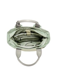 Borsa a tracolla in tela verde e crema con accenti in pelle grigia. L'interno presenta numerose tasche, cerniere e un compartimento per tablet.