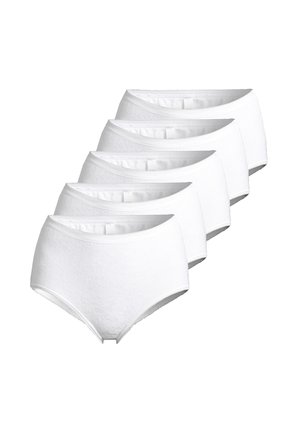 Fünf Paare weiße Baumwoll-Slips mit hohem Bund und elastischem Taillenbund, diagonal auf weißem Hintergrund angeordnet.