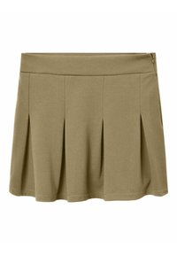 Jupe plissée kaki en tissu doux, dotée d'une large taille et d'une fermeture éclair sur le côté, avec une silhouette évasée.