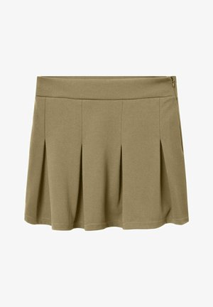 Jupe plissée kaki en tissu doux, dotée d'une large taille et d'une fermeture éclair sur le côté, avec une silhouette évasée.