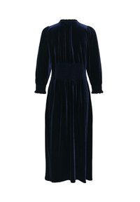 Marineblauwe fluwelen jurk met lange mouwen, smocktail en gerimpelde manchetten. Glad textuur en midi-lengte ontwerp. Plissé-details op de schouders.