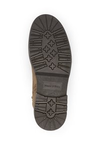 Rubber shoe sole with a detailed tread pattern featuring geometric and linear designs, color black with a logo and size engraving.