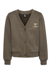 Oliwkowy kardigan z dekoltem w kształcie litery V, długimi rękawami, guzikami z przodu i ściągaczami na mankietach. Posiada haftowane logo na lewej stronie klatki piersiowej.