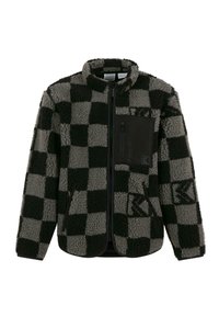 Svart och grå fleecejacka med ett rutigt mönster, framtida dragkedja och en bröstficka med en svart tygdetalj. Mjuk textur.