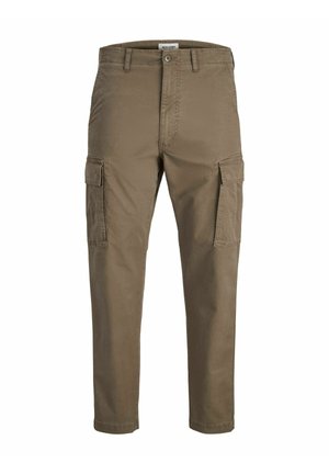 Pantalon cargo marron pour hommes avec poches à rabat latérales, fermeture par bouton et fermeture éclair, et passants pour ceinture, vue de face sur fond blanc.