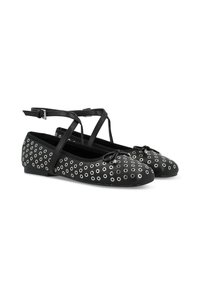 Ballerine nere con disegni a occhio, cinturini regolabili alla caviglia, punta rotonda e suola piatta. Materiale sintetico con una texture liscia.