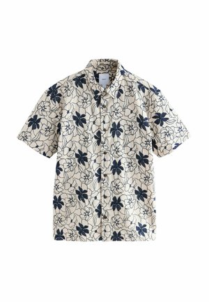 Kortærmet beige skjorte med sort blomsterprint, knapper foran og krave, lavet af tekstureret stof.