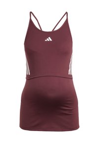 Burgundowy top ciążowy z białym logo Adidas, z dopasowanym krojem, regulowanymi ramiączkami oraz gładką, elastyczną teksturą materiału.