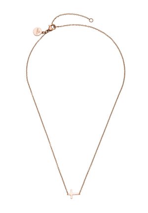 Roségoldkette mit kleinem horizontalem Kreuzanhänger und verstellbarem Verschluss mit rundem Markenzeichen.
