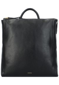 Sac fourre-tout en cuir noir à texture lisse, poignée arrondie et accent de logo doré en bas. Fermeture éclair sur le dessus.