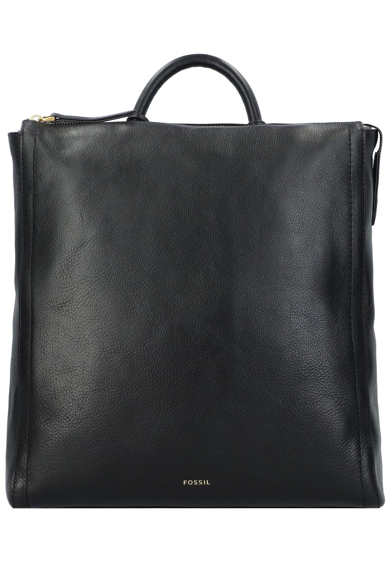 Sac fourre-tout en cuir noir à texture lisse, poignée arrondie et accent de logo doré en bas. Fermeture éclair sur le dessus.