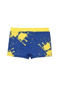 Blaue Badeshorts mit einem gelben Spritzmuster, gefertigt aus glattem, leichtem Stoff. Der Bund ist einfarbig gelb.