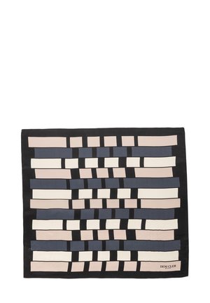 Wielokolorowy szalik z wzorem przedstawiającym prostokątne kształty w kolorze czarnym, granatowym, jasnoróżowym i kremowym, wykonany z gładkiego materiału. Podpisane logo w rogu.