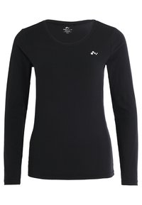 Schwarzes Langarm-T-Shirt aus glattem Baumwollstoff mit rundem Halsausschnitt und einem kleinen weißen Logodetail auf der oberen linken Brust.