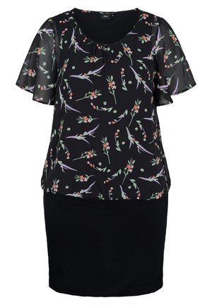 Vestido negro hasta la rodilla con mangas cortas transparentes de flores y un cuerpo con patrón floral en tonos pastel morado, verde y rosa.