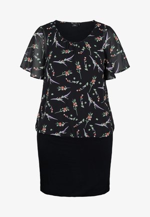 Vestido negro hasta la rodilla con mangas cortas transparentes de flores y un cuerpo con patrón floral en tonos pastel morado, verde y rosa.