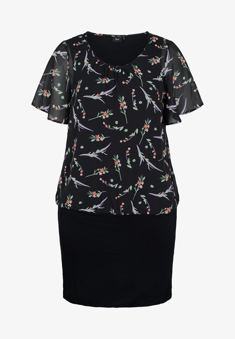 Robe noire mi-longue jusqu'aux genoux avec des manches courtes en voile floral transparent et un corsage à motif floral dans des tons pastel de violet, vert et rose.