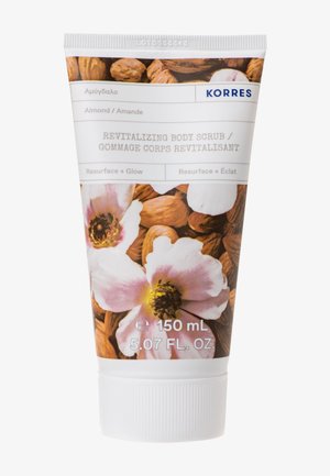 Tube de gommage corporel revitalisant à l'amande Korres avec illustrations d'amandes et de fleurs, 150 mL, pour une peau renouvelée et éclatante.