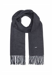 Ciemnoszara szalik z miękkiego materiału, o gładkiej teksturze, z frędzlami na brzegach i małą metalową metką z logo po jednej stronie.