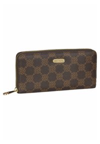 Brown leather wallet with gold-tone hardware, featuring an intricate embossed pattern and zip-around closure, accented with a brand plaque.