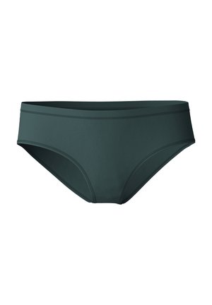 Culotte de bikini vert foncé en matériau lisse. Présente un design simple et sans coutures, avec un biais élastique et une taille mi-haute.