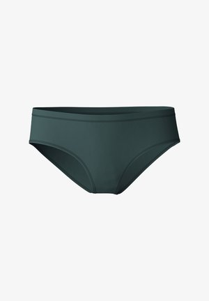 Donkergroene bikini-onderbroek van glad materiaal. Heeft een eenvoudig, naadloos ontwerp met elastische afwerking en een middelhoge taille.