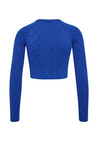 Blå kort topp med långa ärmar, med ett texturerat leopardmönster. Tillverkad av stretchigt tyg, med rund halsringning och åtsittande design.