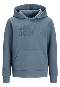 Sinine kangaga kapuutsiga sweatshird, millel on ees kangaroo tasku ja tekstuurne logo "JACK & JONES" keskel. Ribitud varrukad ja värvel.