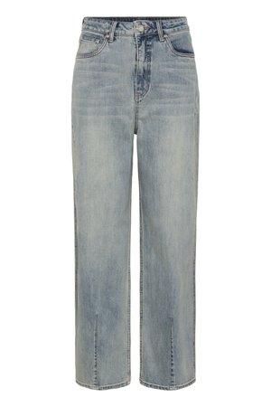 Jean droit taille haute bleu clair avec bouton et fermeture éclair à l'avant, cinq poches et détails subtilement délavés.