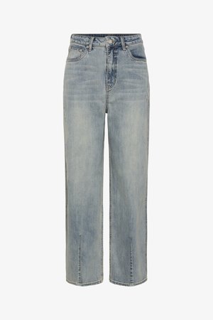 Ανοιχτό μπλε τζιν με ψηλή μέση και ίσια γραμμή, με κουμπί και φερμουάρ μπροστά, πέντε τσέπες και διακριτικές ξεθωριασμένες λεπτομέρειες.