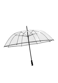 Ombrello trasparente con manico e raggi neri, dotato di una cupola trasparente e di una forma arrotondata. Design leggero e privo di motivi.