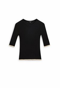 Top nero a coste con maniche a tre quarti, caratterizzato da un collo arrotondato e un bordo beige lungo le maniche e l'orlo. Tessuto morbido e testurizzato.