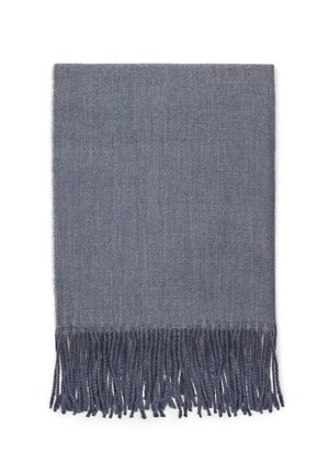 Soft blue wool scarf with long twisted fringes along one edge, laid flat on a white background.