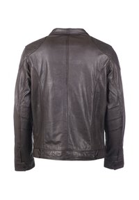 Bruine leren jas, met een gladde textuur, gestructureerd ontwerp en gaasaccenten op de mouwen. Voorzien van een klassieke kraag en drukknoopsluitingen.